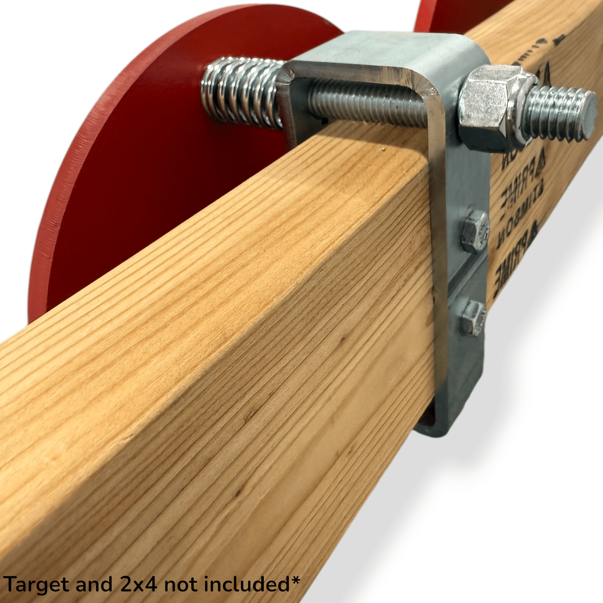 Example of the Speed Rack Target hanger being used on a horizontal 2x4 piece of wood, with a steel static target mounted to it.