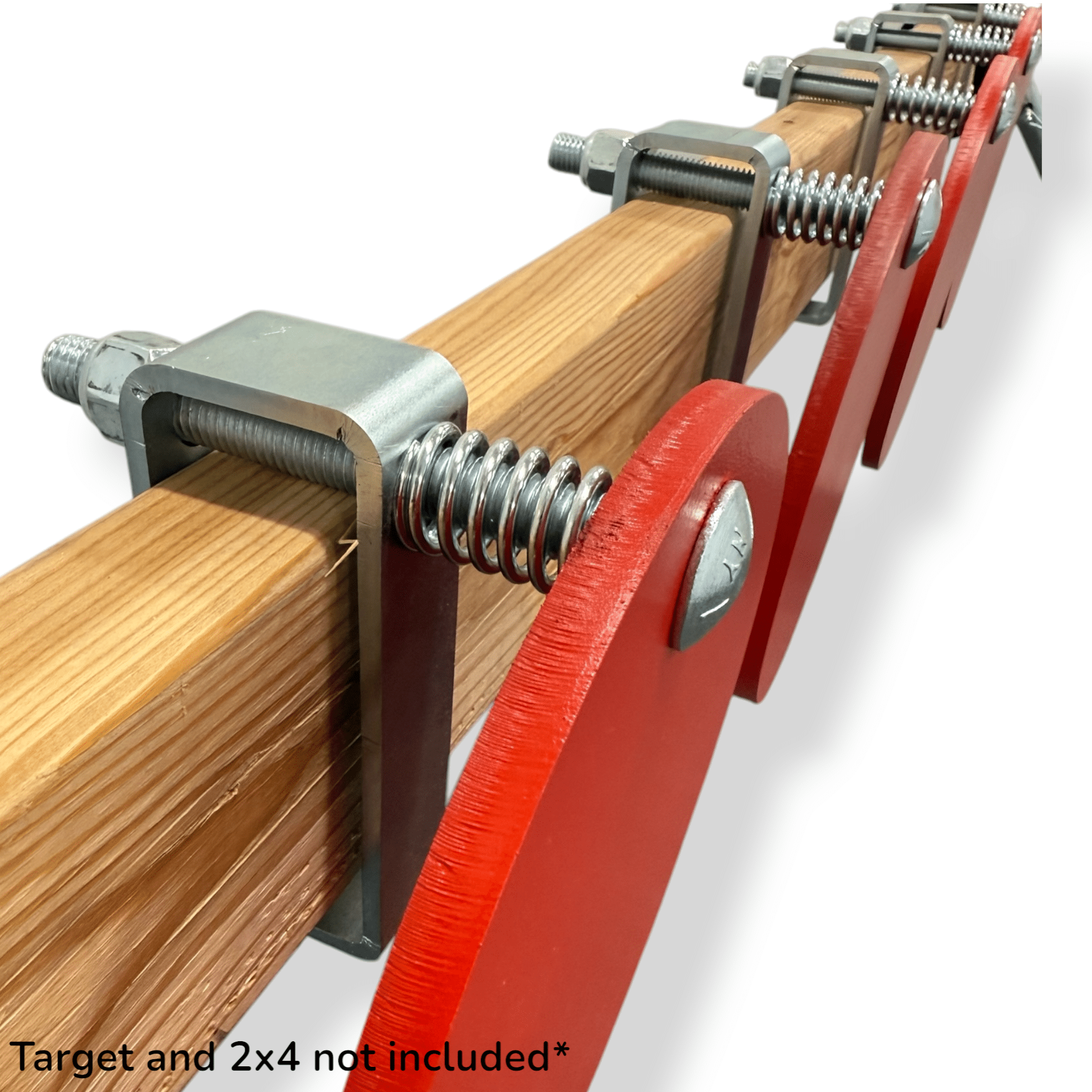Example of a speed rack target hanger being mounted on a 2x4 with a steel static target attached to it.