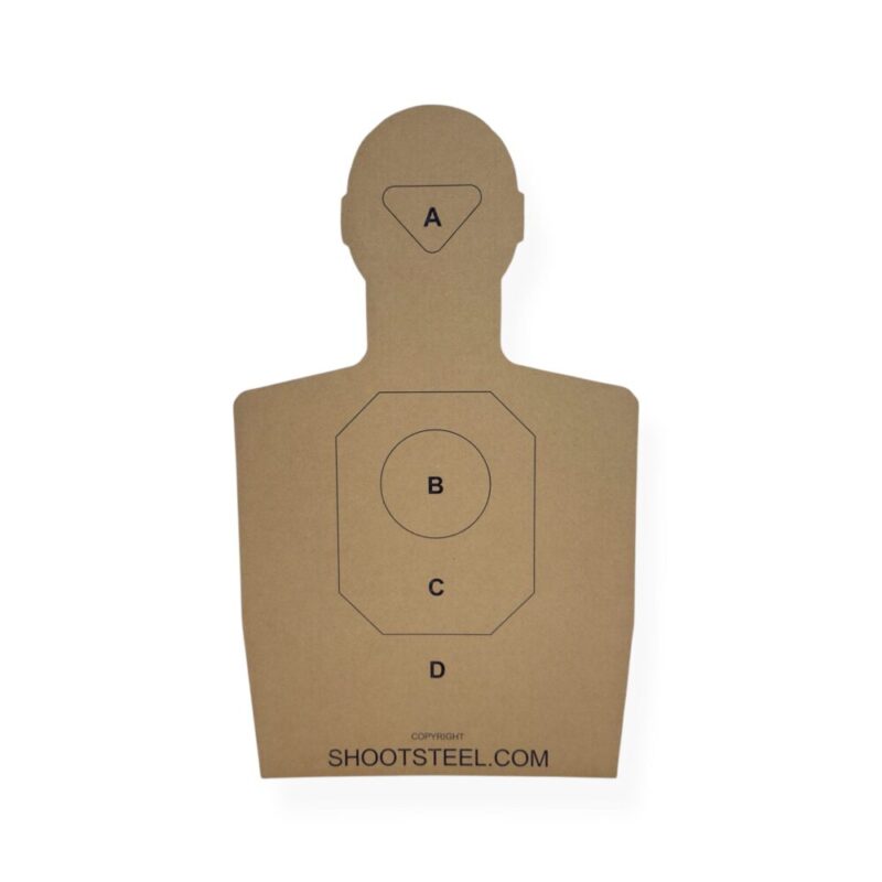 Front view of life‑size cardboard silhouette target showing A/B/C scoring zones.