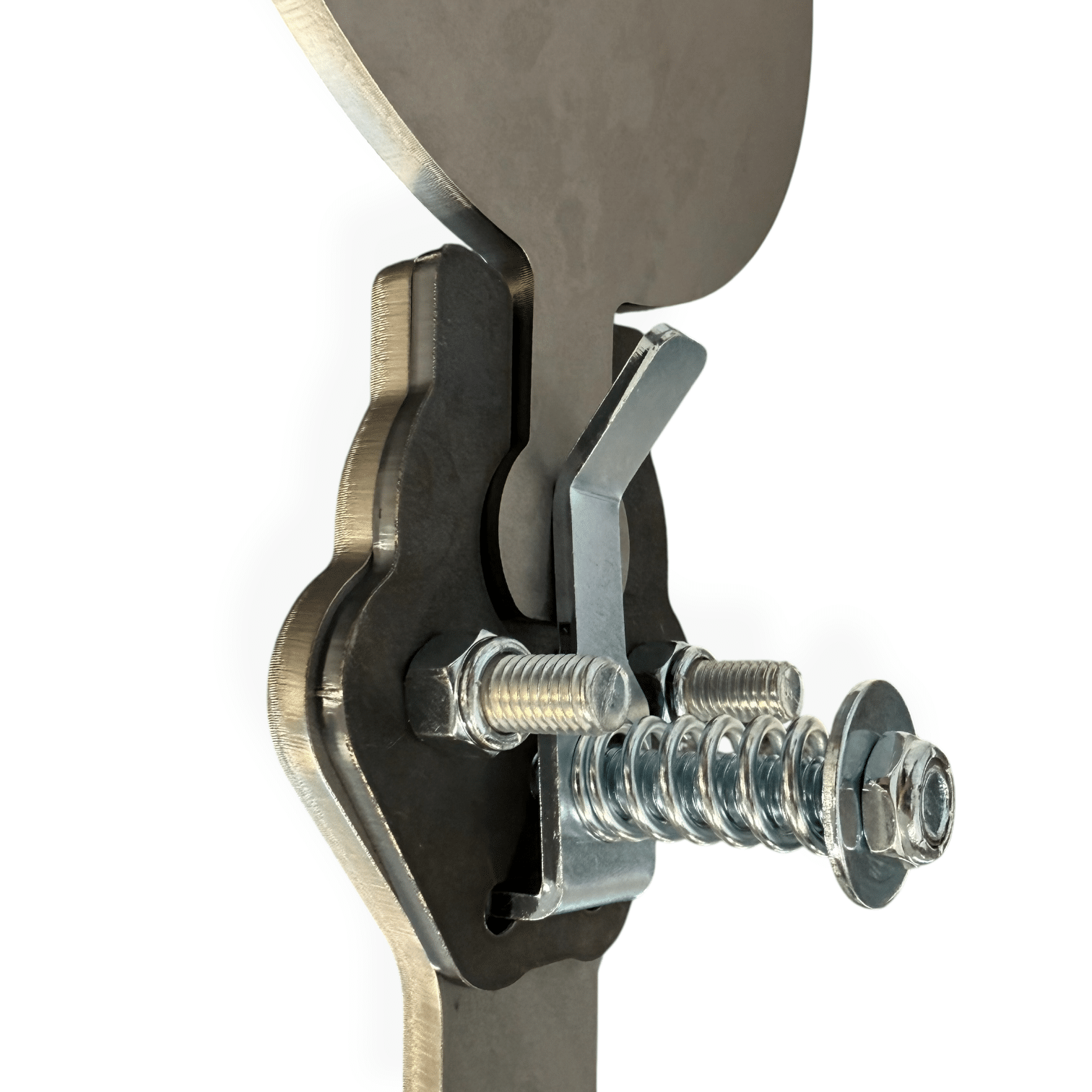 Close-up of spring-loaded plate retention system on Portable Texas Star target arm