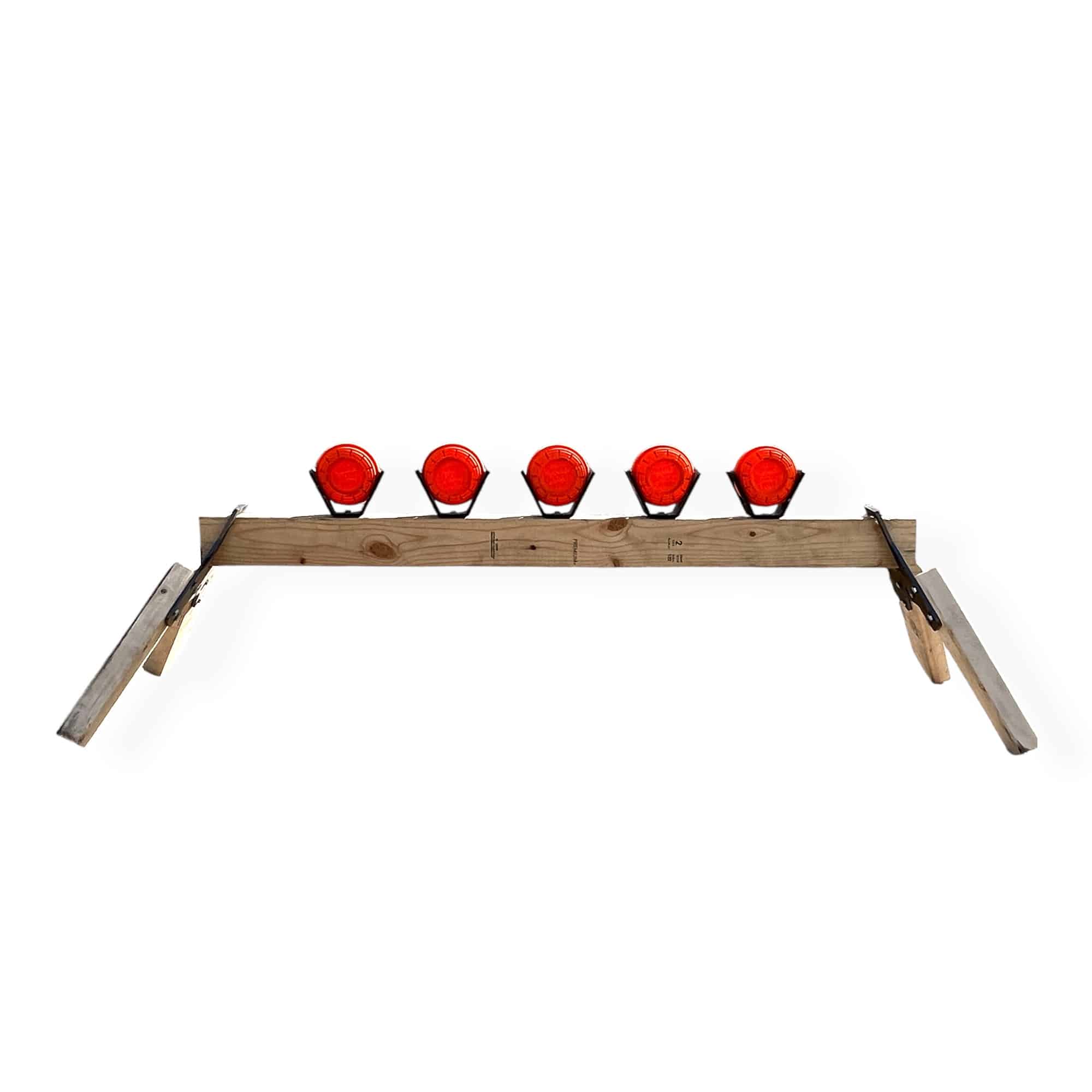 Five Clay Pigeon Brackets attached to a horizontal 2x4 beam ready for clay targets